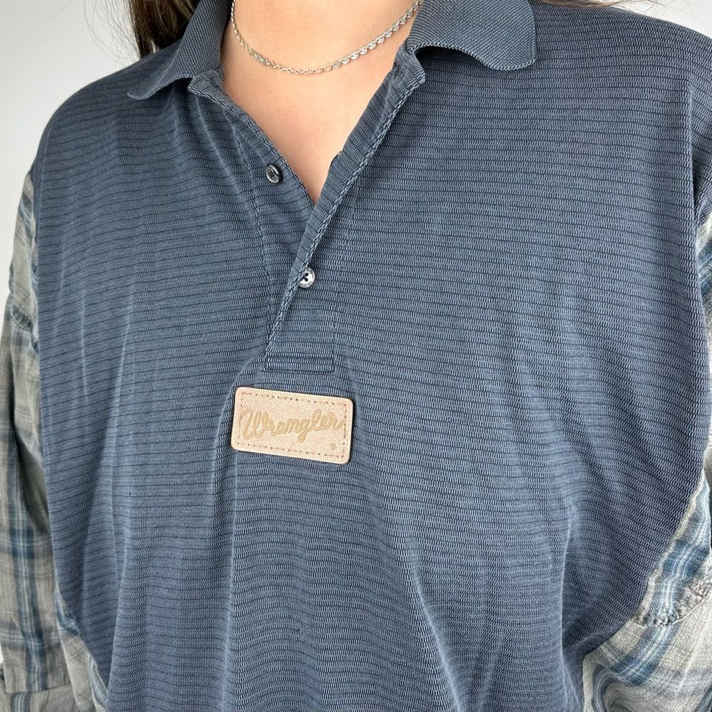Reworked Wrangler Country Upcycled Blue Long Sleeve Plaid Pullover Shirt Top - Picture 3 of 4
